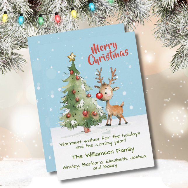 Cute Whimsical Watercolor Reindeer Christmas Tree Holiday Card (Creator Uploaded)