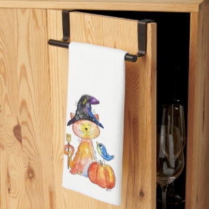 Cute Whimsical Witch Cat with Pumpkin Tea Towel