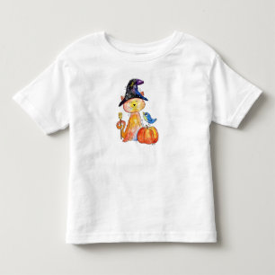 Cute Whimsical Witch Cat with Pumpkin Toddler T-Shirt
