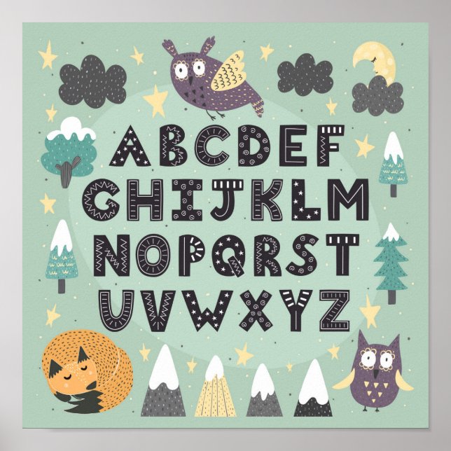 Cute Whimsical Woodland Animals ABC Alphabet Poster (Front)