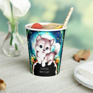 Cute Whimsical Woodland Wolf Birthday Paper Cups