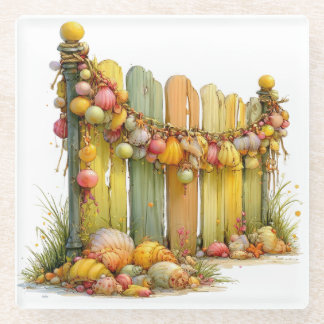 CUTE WHIMSICAL YELLOW AND PINK SUMMER FENCE GLASS COASTER