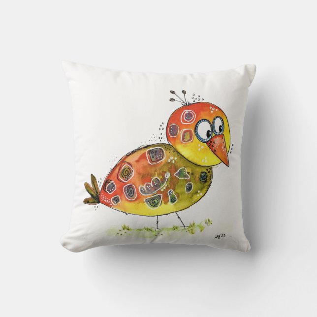 Cute Whimsical Yellow Bird Cushion (Front)