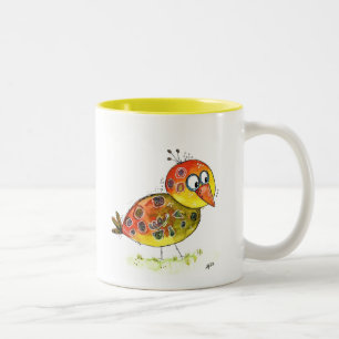 Cute Whimsical Yellow Bird Two-Tone Coffee Mug