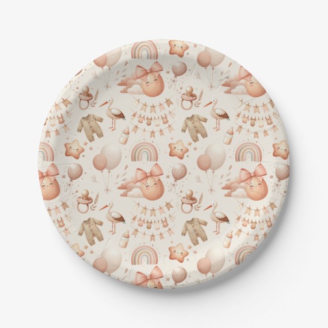 Cute Whimsy Baby Shower Beige Paper Plates (Front)