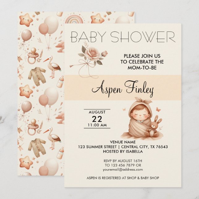 Cute Whimsy Baby Shower - Rose Invitation (Front/Back)