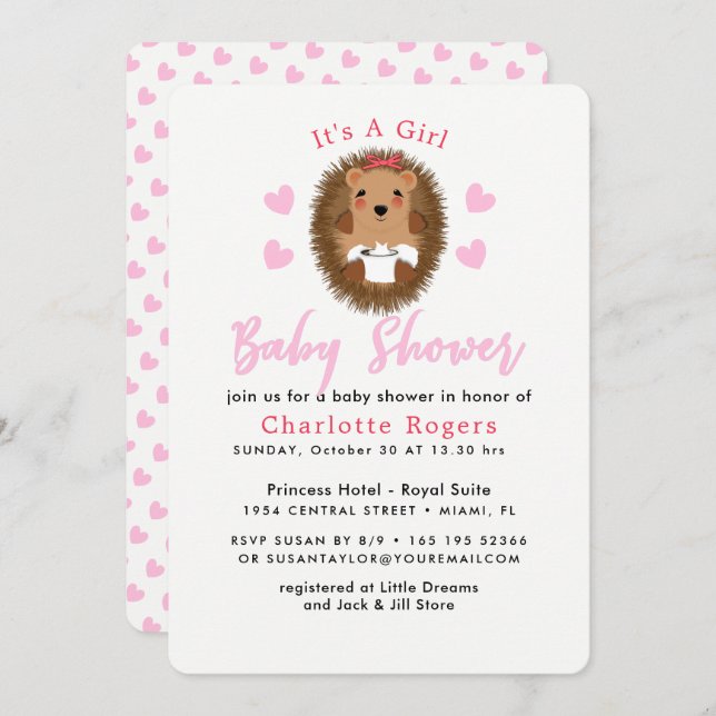 Cute Whimsy Hedgehog Pink Heart Baby Girl Shower Invitation (Front/Back)