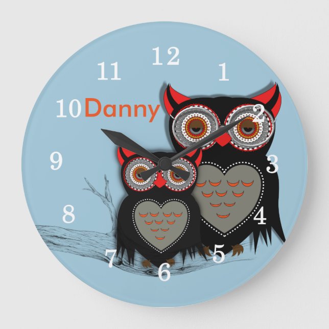Cute Whimsy Owls Illustration Large Clock (Front)