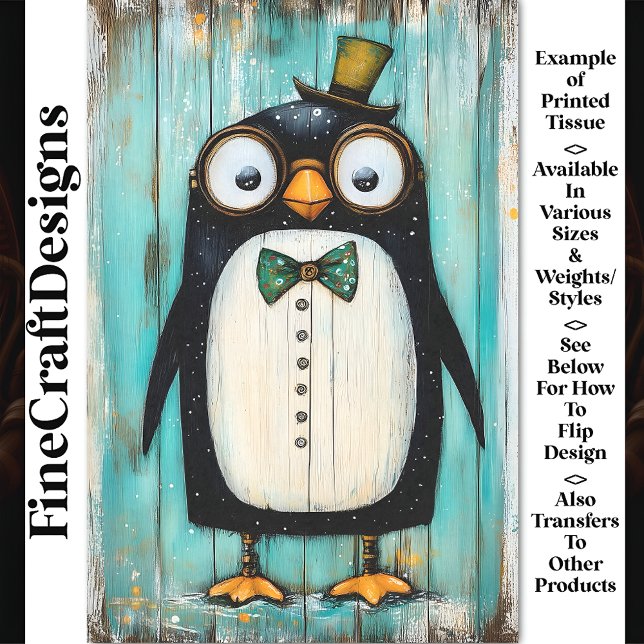 Cute Whimsy Steampunk Penguin In Hat BR9 Decoupage Tissue Paper (Creator Uploaded)