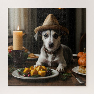 Cute Whippet Puppy Pilgrim Hat Thanksgiving Dinner Jigsaw Puzzle
