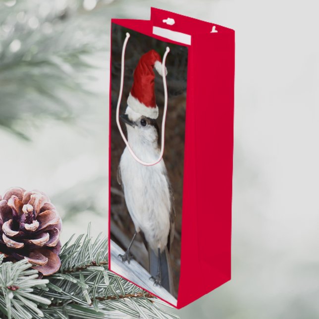 Cute Whiskey Jack Wearing Red Santa Hat Wine Gift Bag (In Situ)