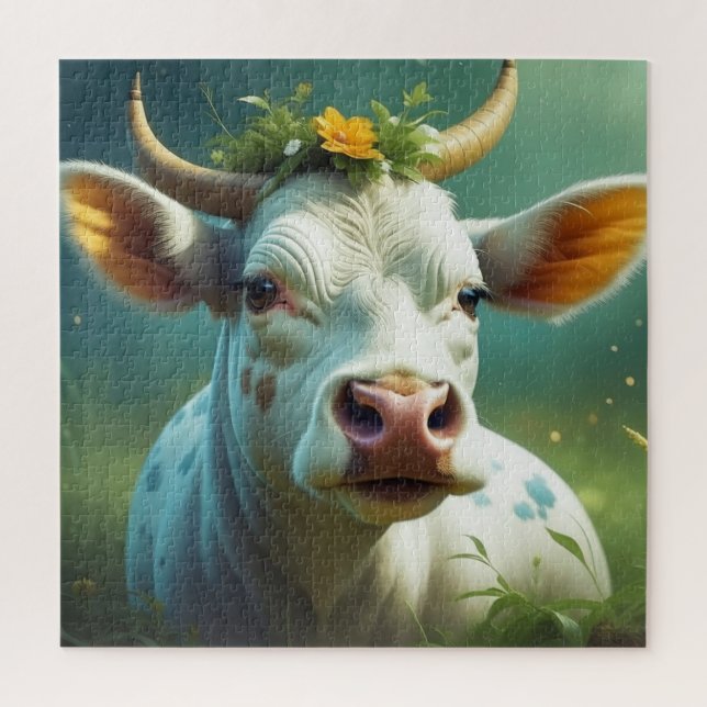 Cute White Ai Cow with Horns and Flowers Jigsaw Puzzle (Vertical)