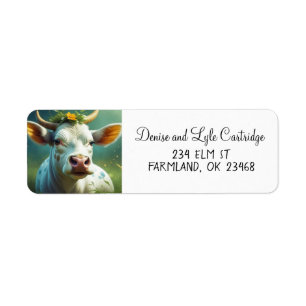 Cute White Ai Cow with Horns and Flowers Return Address Label
