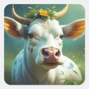 Cute White Ai Cow with Horns and Flowers Square Sticker