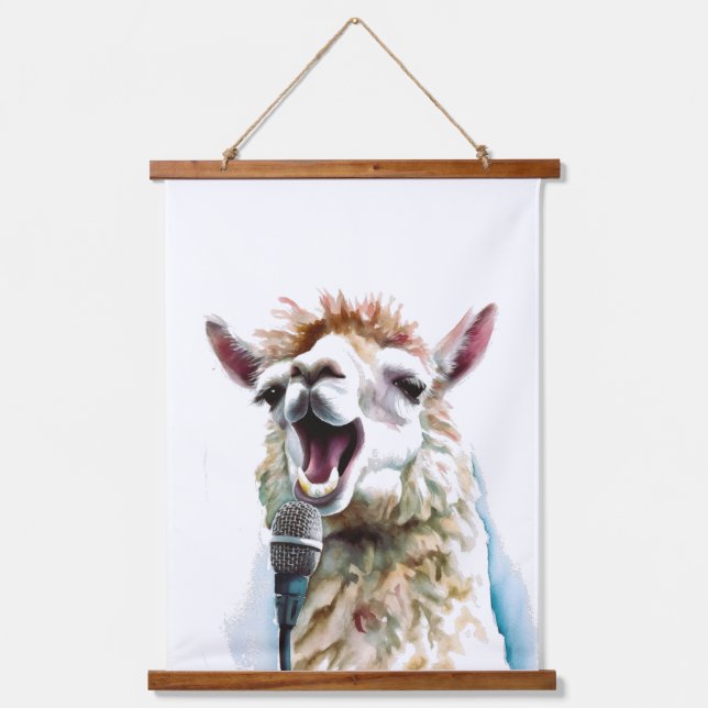 Cute white alpaca singing through microphone hanging tapestry (Front)