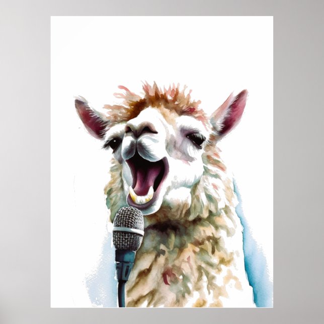 Cute white alpaca singing through microphone poster (Front)