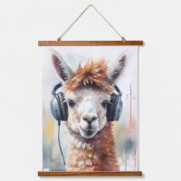 Cute white alpaca wearing headphones