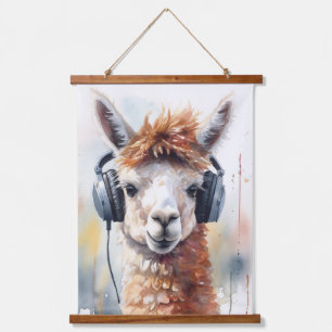 Cute white alpaca wearing headphones hanging tapestry