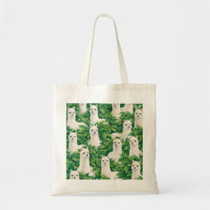 Cute White Alpacas in Tropical Green Leaves Tote Bag
