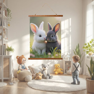 Cute white and black baby bunnies in a meadow, hanging tapestry