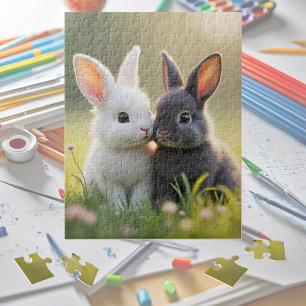 Cute white and black baby bunnies in a meadow,  jigsaw puzzle