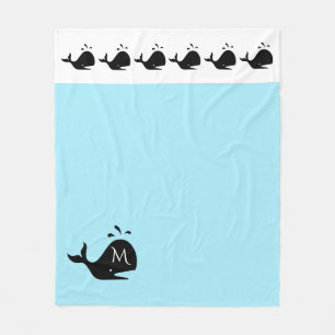 Cute White and Blue Custom Initial Black Whale Fleece Blanket