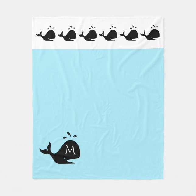 Cute White and Blue Custom Initial Black Whale Fleece Blanket (Front)