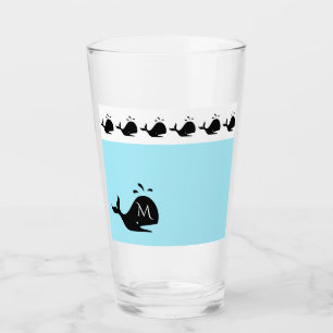 Cute White and Blue Custom Initial Black Whale Glass