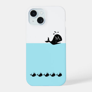 Cute White and Blue Custom Initial Black Whale iPhone 15 Case