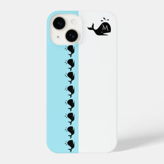 Cute White and Blue Custom Initial Black Whale iPhone 14 Case