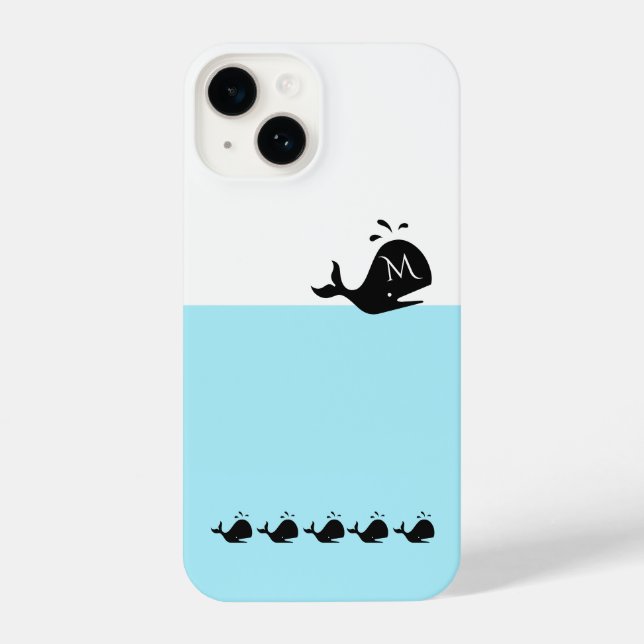 Cute White and Blue Custom Initial Black Whale iPhone Case (Back)