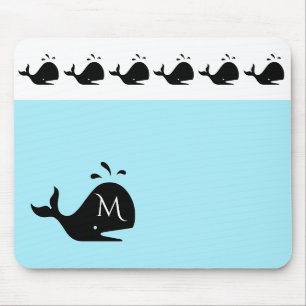Cute White and Blue Custom Initial Black Whale Mouse Pad