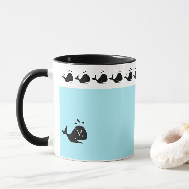 Cute White and Blue Custom Initial Black Whale Mug (With Donut)