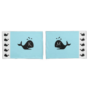 Cute White and Blue Custom Initial Black Whale Pillowcase