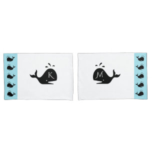 Cute White and Blue Custom Initial Black Whale Pillowcase