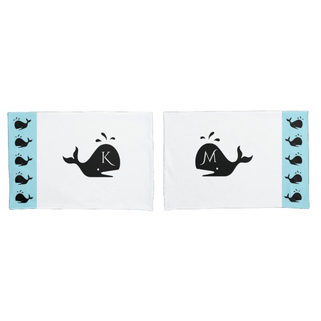 Cute White and Blue Custom Initial Black Whale Pillowcase (Front-Set)