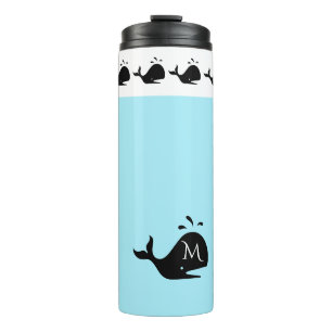 Cute White and Blue Custom Initial Black Whale Thermal Tumbler