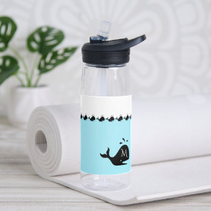 Cute White and Blue Custom Initial Black Whale Water Bottle