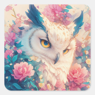 Cute White and Blue Fantasy Owl Peeking Through Square Sticker
