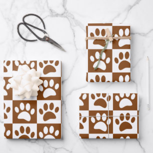 Cute White And Brown Paw Print Chequerboard Wrapping Paper Sheet