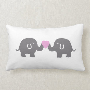 Cute White And Grey Elephants With Pink Heart Lumbar Cushion