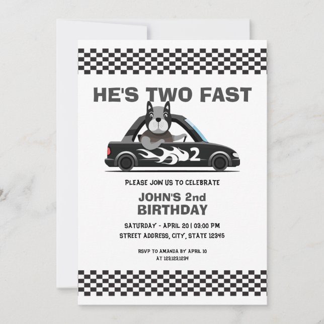 Cute White and Grey Race Car Two Fast 2nd Birthday Invitation (Front)