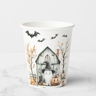 Cute White and Orange Ghost with Autumn Barn Paper Cups