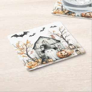 Cute White and Orange Ghost with Autumn Barn Square Paper Coaster