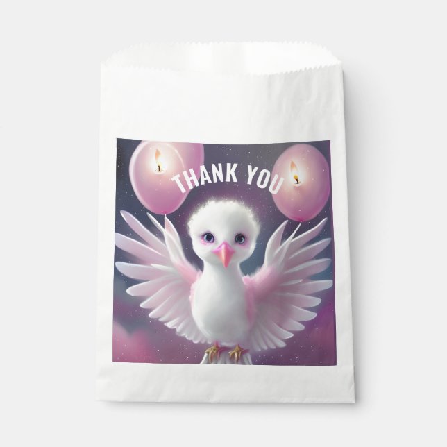 Cute White and Pink Baby Bird Birthday Favour Bag (Front)