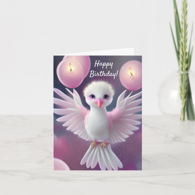 Cute White and Pink Baby Bird Birthday Holiday Card (Front)