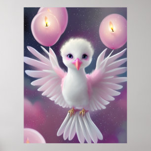 Cute White and Pink Baby Bird Birthday Poster