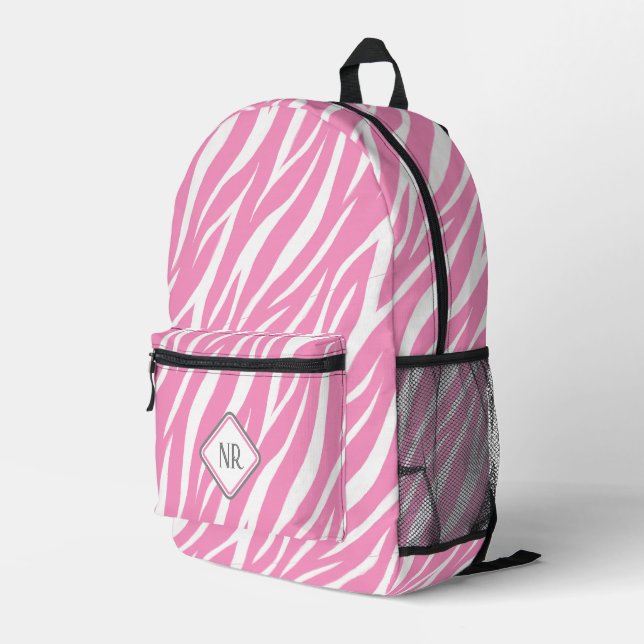   Cute White And Pink Pattern Zebra Print Monogram Printed Backpack (Back Corner Right)