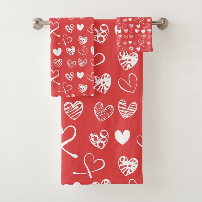 Cute White And Red Hearts Pattern Sketch Bath Towel Set (Insitu)