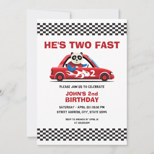 Cute White and Red Race Car Two Fast 2nd Birthday Invitation (Front)